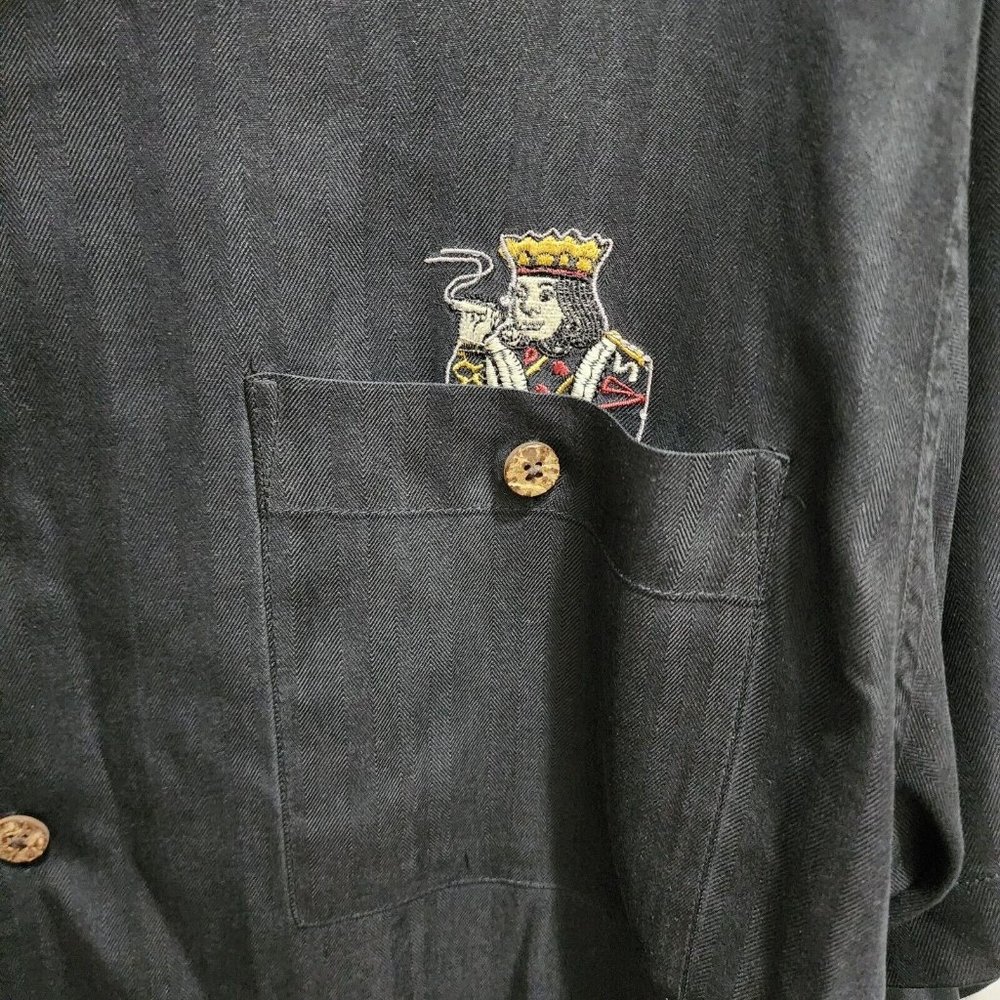 LUAU MENS LARGE 100% FINEST SILK BLACK SHIRT BLACKJACK GAMBLER SMOKING KING - Picture 7 of 11